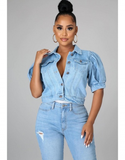 Replica Basic Style Puff Sleeve Denim Jacket Half Sleeve Turndown Collar #793336 $30.88 USD for Wholesale