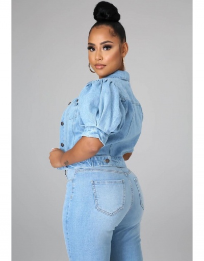 Replica Basic Style Puff Sleeve Denim Jacket Half Sleeve Turndown Collar #793336 $30.88 USD for Wholesale