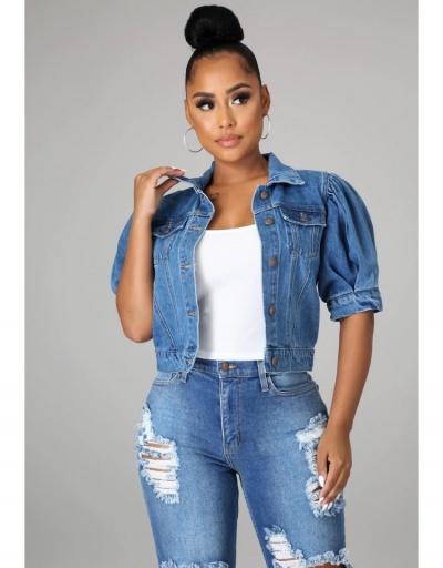 Replica Basic Style Puff Sleeve Denim Jacket Half Sleeve Turndown Collar #793336 $30.88 USD for Wholesale