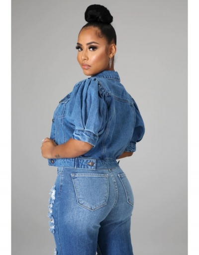 Replica Basic Style Puff Sleeve Denim Jacket Half Sleeve Turndown Collar #793336 $30.88 USD for Wholesale