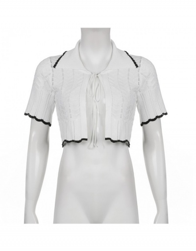 Replica Short Sleeve Tie Wrap Contrast Color Ladies Tops Short Sleeve Turndown Collar #793341 $23.36 USD for Wholesale