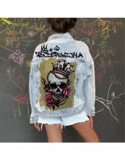 Spring Skull Pattern Women Denim Jacket Coats Long Sleeve Turndown Collar #793353 $36.85 USD, Wholesale Fashion Outerwear