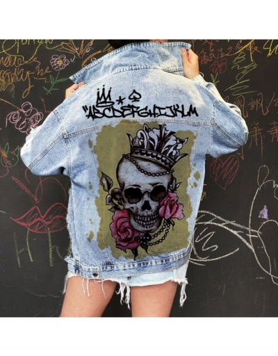 Replica Spring Skull Pattern Women Denim Jacket Coats Long Sleeve Turndown Collar #793353 $36.85 USD for Wholesale