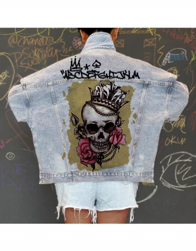 Replica Spring Skull Pattern Women Denim Jacket Coats Long Sleeve Turndown Collar #793353 $36.85 USD for Wholesale