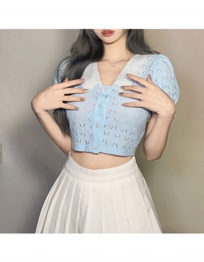 Replica  Summer Pure Color Puff Sleeve Crop Cardigan Short Sleeve V Neck #793354 $21.08 USD for Wholesale