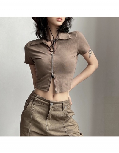 Replica  Summer Fashion Zipper Pure Color Women's Short Sleeve Cardigan Short Sleeve Turndown Collar #793356 $19.11 USD for Wholesale