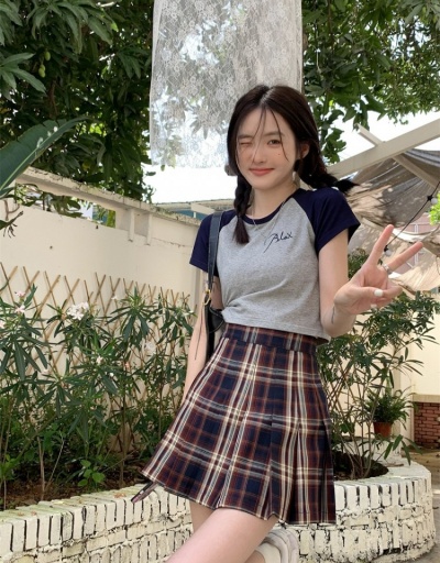  Summer Women Plaid High Waist Pleated Skirt Short Sleeve #793411 $30.35 USD, Wholesale Fashion Skirts