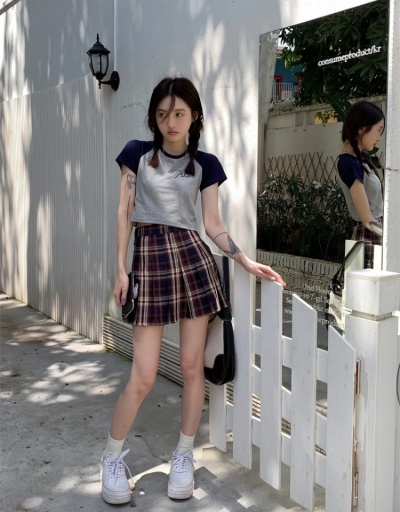 Replica  Summer Women Plaid High Waist Pleated Skirt Short Sleeve #793411 $30.35 USD for Wholesale