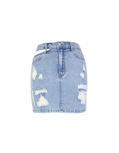 Replica Street Solid Ripped Hollow Out Denim Skirts For Women #793484 $26.33 USD for Wholesale