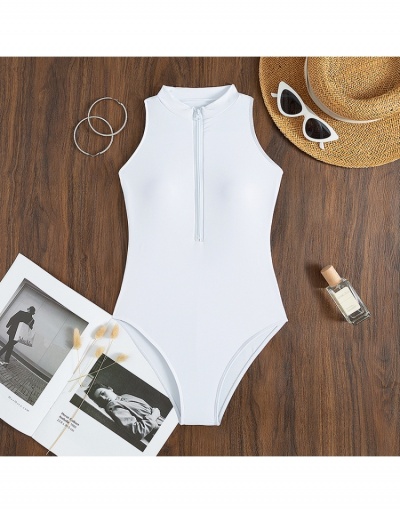 Replica Solid Front Half Zip One Piece Bathing Suit Sleeveless Stand Collar #793576 $22.23 USD for Wholesale