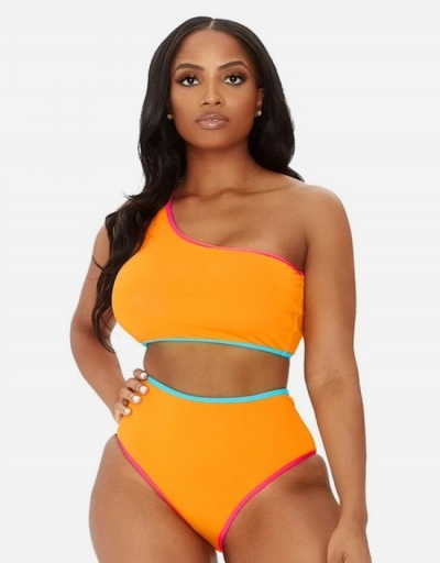 Fashion Off Shoulder Contrast Color One Shoulder Women's Bikini Sleeveless Inclined Shoulder #793579 $20.83 USD, Wholesale Fashion Swimsuits