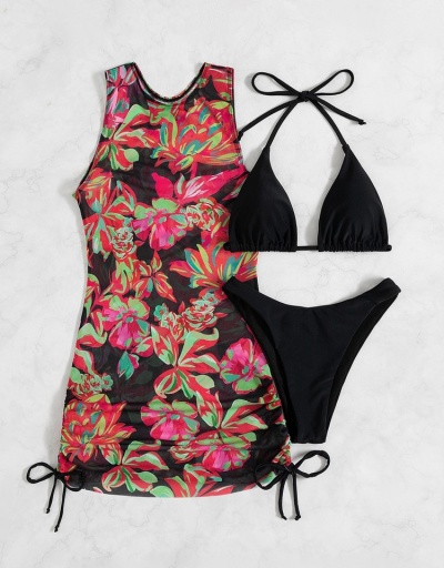 Replica Solid Black Halter Bikini And Printed Ruched Mini Dress Sleeveless Halter,O Neck #793591 $27.51 USD for Wholesale