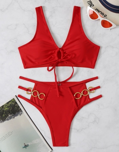 Replica Red 2 Pieces Hollow Out O-Ring Swimwear Set Sleeveless V Neck #793603 $23.07 USD for Wholesale