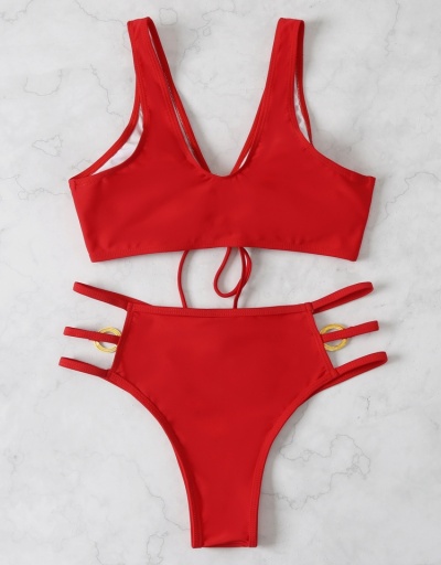 Replica Red 2 Pieces Hollow Out O-Ring Swimwear Set Sleeveless V Neck #793603 $23.07 USD for Wholesale