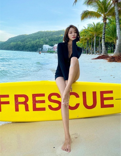 Replica  Pure Color Zipper Long Sleeve One Piece Swimsuit Long Sleeve V Neck #793625 $21.42 USD for Wholesale