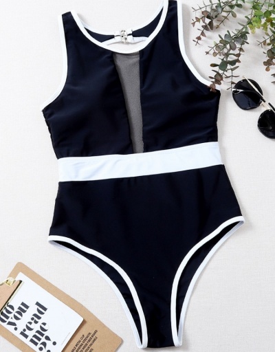 Replica  Sexy Contrast Color Mesh Patchwork One-Piece Swimwear Sleeveless Crew Neck #793636 $18.04 USD for Wholesale