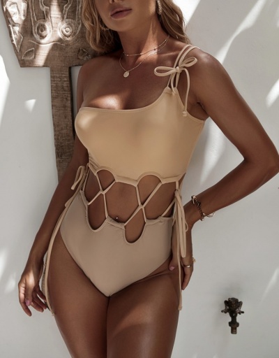  Pure Color Hollowed Out Lace Up One-Piece Inclined Shoulder #793657 $22.25 USD, Wholesale Fashion Swimsuits