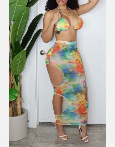 Gauze Print Backless Three Piece Bikini Sets Sleeveless Halter #793678 $27.04 USD, Wholesale Fashion Swimsuits