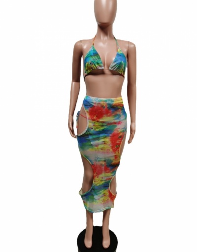 Replica Gauze Print Backless Three Piece Bikini Sets Sleeveless Halter #793678 $27.04 USD for Wholesale