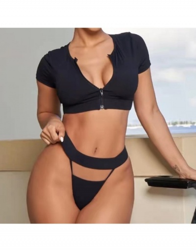  Sexy Pure Color Hollowed Out Zipper Up Bikini Sets Short Sleeve Crew Neck #793714 $24.89 USD, Wholesale Fashion Swimsuits