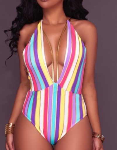 Striped  V Neck Backless Beach Swimsuits For Women Sleeveless Halter,V Neck #793722 $12.48 USD, Wholesale Fashion Swimsuits