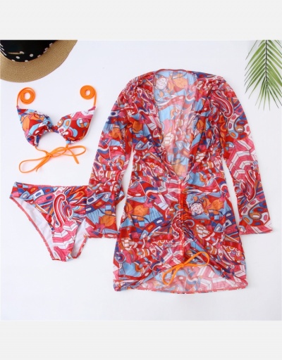 Replica  Sexy Gauze Printing Three Piece Bikini Swimsuit Long Sleeve V Neck #793756 $25.90 USD for Wholesale