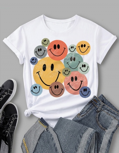 Replica Stylish Smile Face White Summer T Shirts For Women Short Sleeve Crew Neck #793764 $16.36 USD for Wholesale