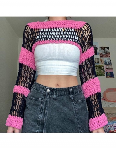 Contrast Color Hollowed Out Long Sleeve Crop Top Long Sleeve Crew Neck #793769 $23.61 USD, Wholesale Fashion T-Shirts