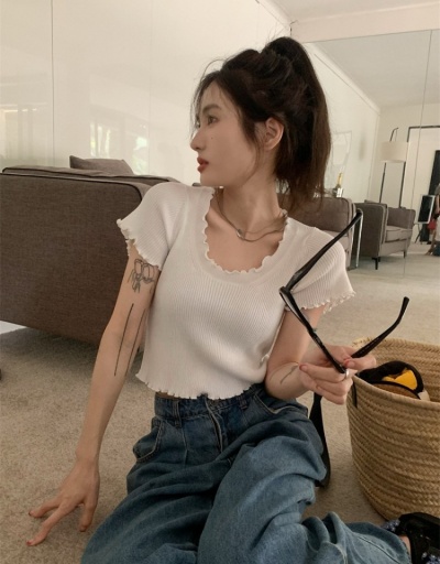 Replica  Sweet Pure Color Stringy Selvedge Girl's Crop T-shirt Short Sleeve Crew Neck #793777 $28.53 USD for Wholesale