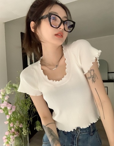 Replica  Sweet Pure Color Stringy Selvedge Girl's Crop T-shirt Short Sleeve Crew Neck #793777 $28.53 USD for Wholesale