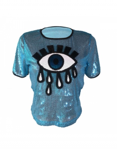 Replica  Summer Fashion Sequins Round Neck Women's Top Short Sleeve Crew Neck #793788 $28.65 USD for Wholesale