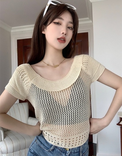 Replica  Pure Color Hollowed Out Top Short Sleeve Scoop Neck #793794 $31.53 USD for Wholesale