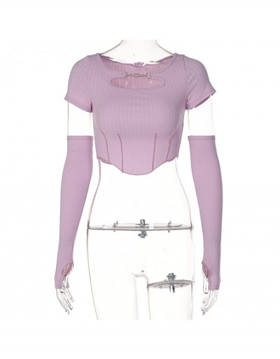 Replica Summer Purple Hollowed Out Crop Top With Arm Sleeve Short Sleeve Crew Neck #793801 $21.13 USD for Wholesale