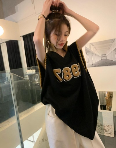 Replica Latest Printed V Neck Loose Street Ladies Tops Short Sleeve V Neck #793810 $32.16 USD for Wholesale