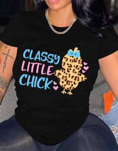 Replica Cute Leopard Little Chick Graphic Black T Shirts Short Sleeve Crew Neck #793818 $16.97 USD for Wholesale