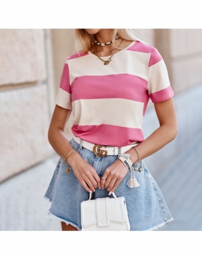 Replica  Women's Contrast Color Striped Short Sleeve T-Shirt Short Sleeve Crew Neck #793824 $19.14 USD for Wholesale