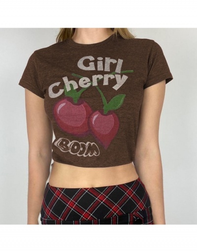  Summer Cherry Letter Print Crop T Shirt Short Sleeve Crew Neck,Scoop Neck #793827 $14.58 USD, Wholesale Fashion T-Shirts