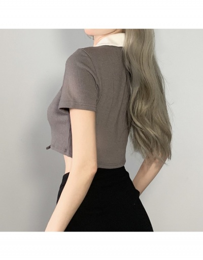 Replica Ladies V Neck Contrast Color Ruched Crop Tops Short Sleeve V Neck #793829 $16.85 USD for Wholesale