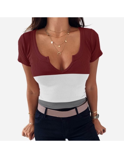  Summer Women's Colorblock Short Sleeve Top Short Sleeve V Neck #793835 $21.06 USD, Wholesale Fashion T-Shirts