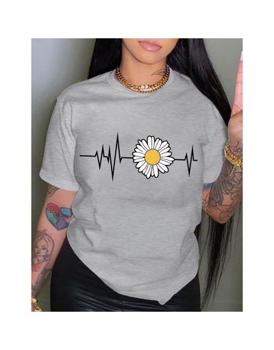 Daisy Printed Gray Trending T Shirts For Women Short Sleeve Crew Neck #793837 $17.45 USD, Wholesale Fashion T-Shirts