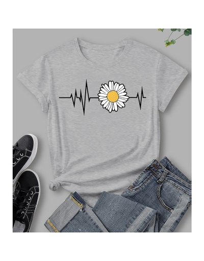 Replica Daisy Printed Gray Trending T Shirts For Women Short Sleeve Crew Neck #793837 $17.45 USD for Wholesale