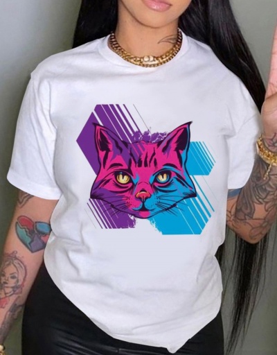 Cat Pattern White Summer Women Cute T Shirts Short Sleeve Crew Neck #793840 $18.12 USD, Wholesale Fashion T-Shirts