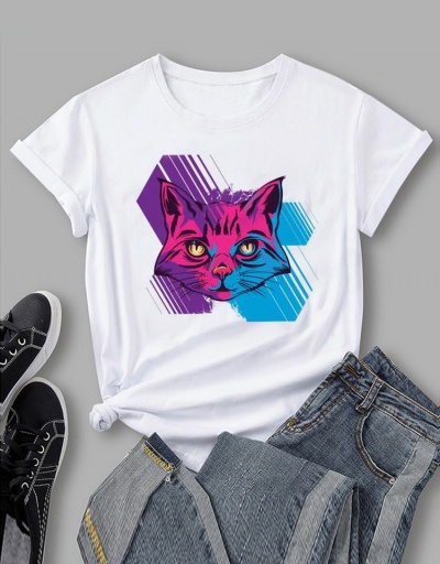 Replica Cat Pattern White Summer Women Cute T Shirts Short Sleeve Crew Neck #793840 $18.12 USD for Wholesale