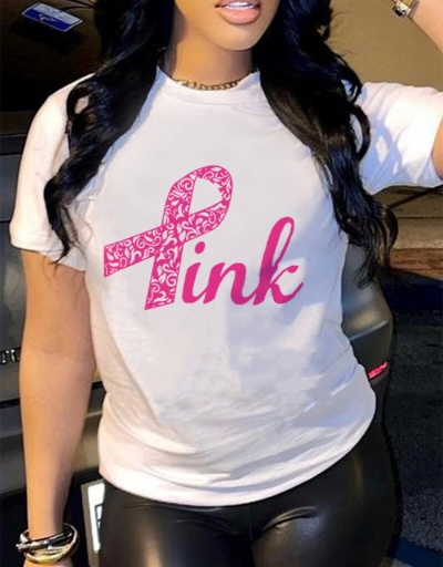 Replica  Pink Letter Printed Street Casual T Shirts For Women Short Sleeve Crew Neck #793843 $18.12 USD for Wholesale