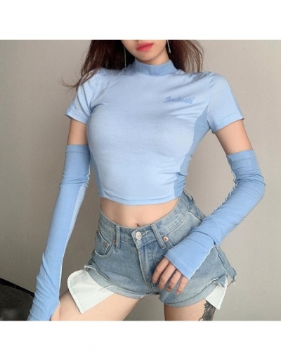 Latest Blue Fitted Contrast Color T Shirts With Arm Sleeve Short Sleeve Mock Neck #793848 $18.04 USD, Wholesale Fashion T-Shirts