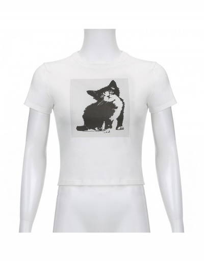 Replica Cute Cat Printed Shirt Fitted T Shirts For Ladies Short Sleeve Crew Neck #793908 $16.98 USD for Wholesale