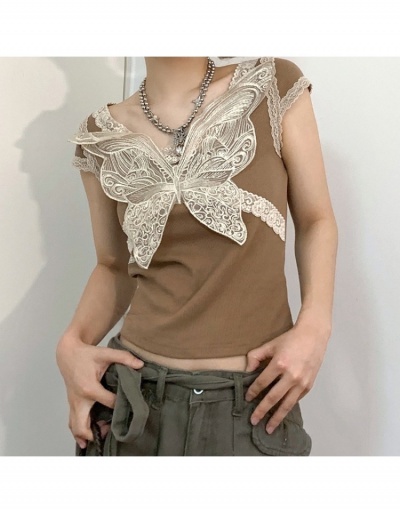  Summer Butterfly Pattern Lace Crop T Shirt Short Sleeve V Neck #793909 $21.00 USD, Wholesale Fashion T-Shirts