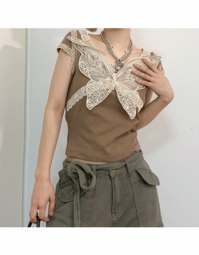 Replica  Summer Butterfly Pattern Lace Crop T Shirt Short Sleeve V Neck #793909 $21.00 USD for Wholesale