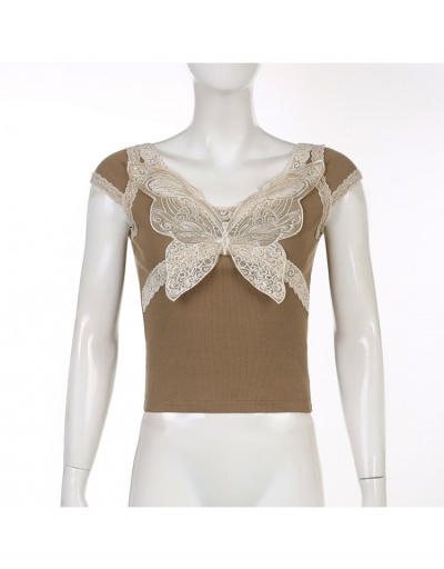 Replica  Summer Butterfly Pattern Lace Crop T Shirt Short Sleeve V Neck #793909 $21.00 USD for Wholesale