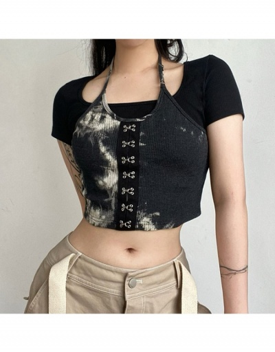 Patchwork Tie Dye  Black Designer Crop T Shirts Short Sleeve #793913 $19.29 USD, Wholesale Fashion T-Shirts